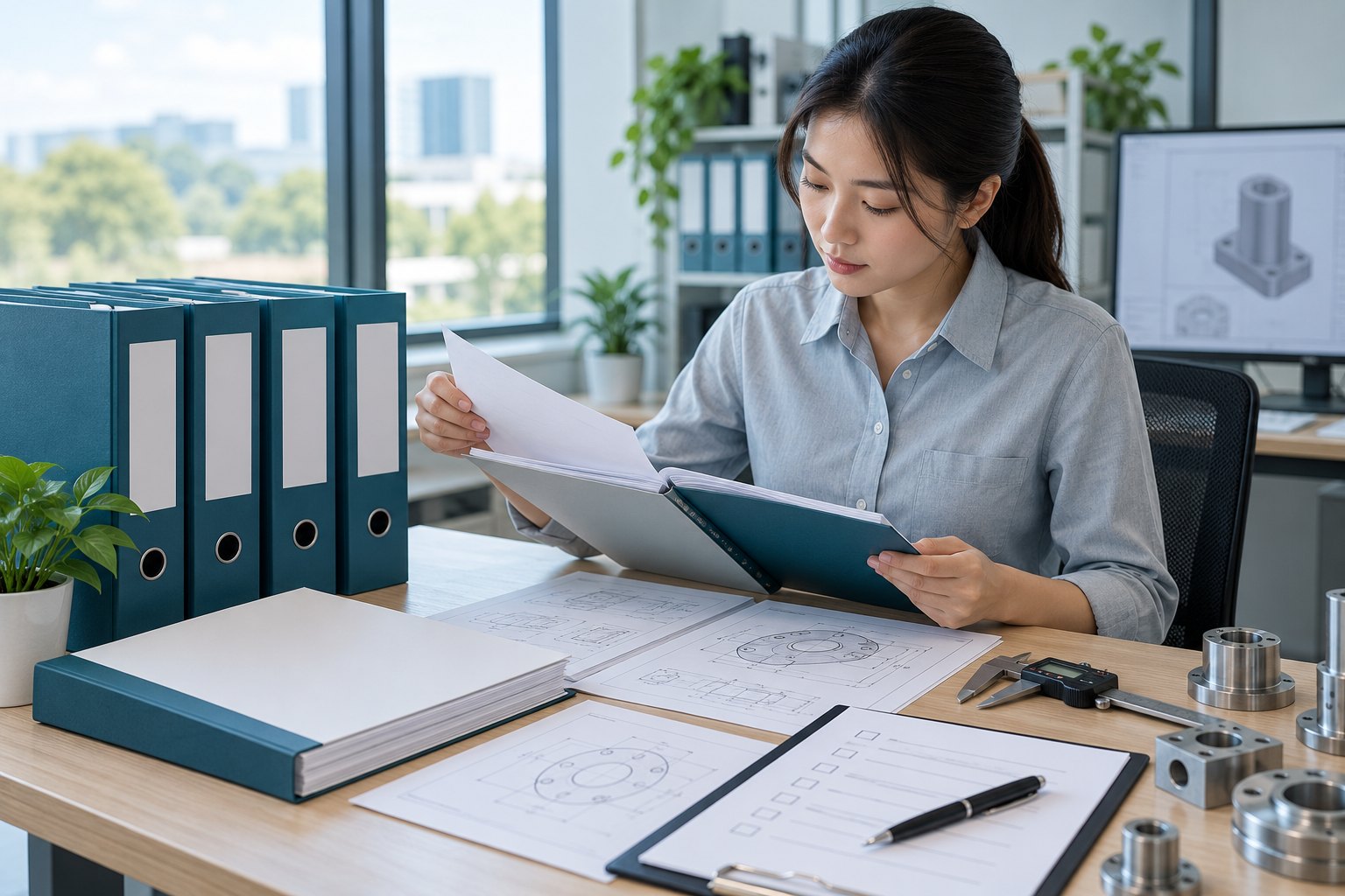Concept illustration of a professional reviewing documents at an office desk