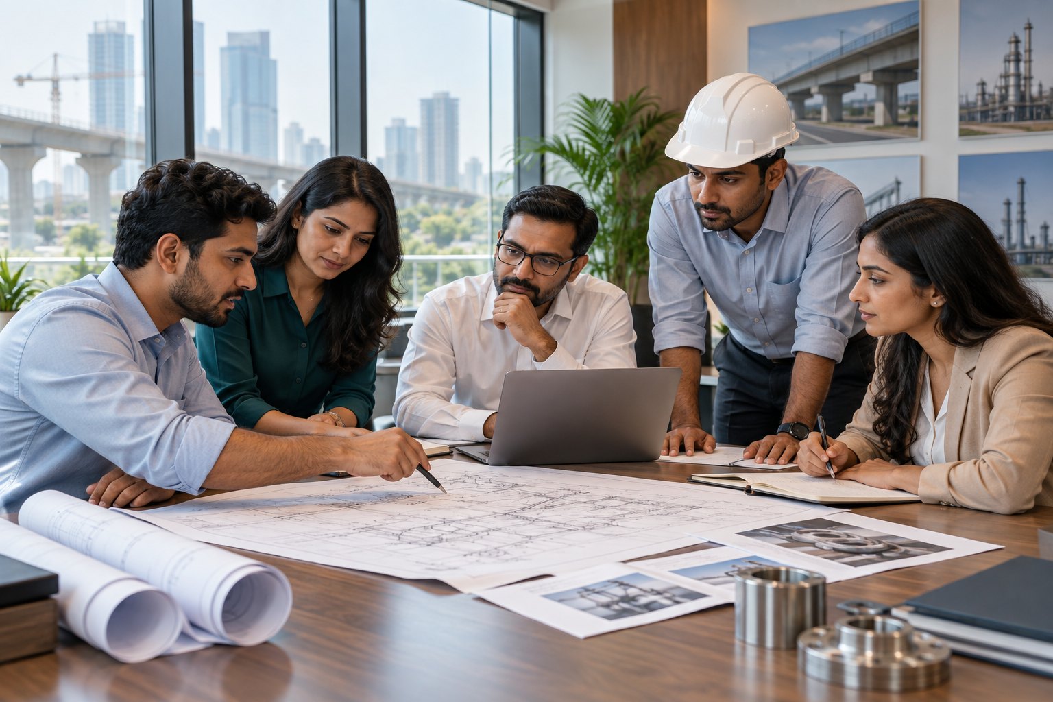 Concept illustration of an engineering team reviewing drawings around a table