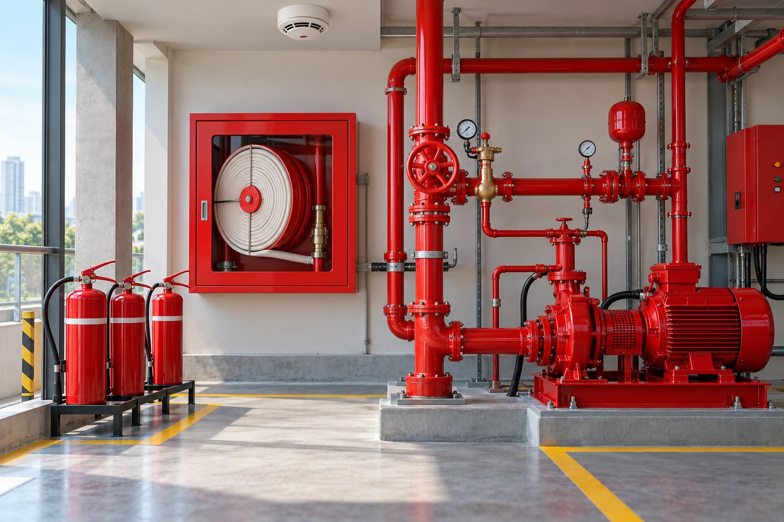 Fire fighting extinguishers, hose reel, fire pump and protection equipment - concept illustration