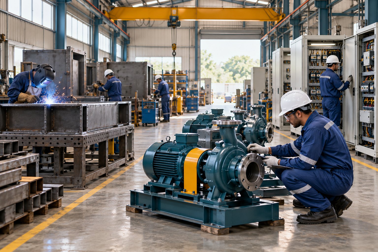 Industrial manufacturing of steel structures, switchgear and pumping equipment - concept illustration