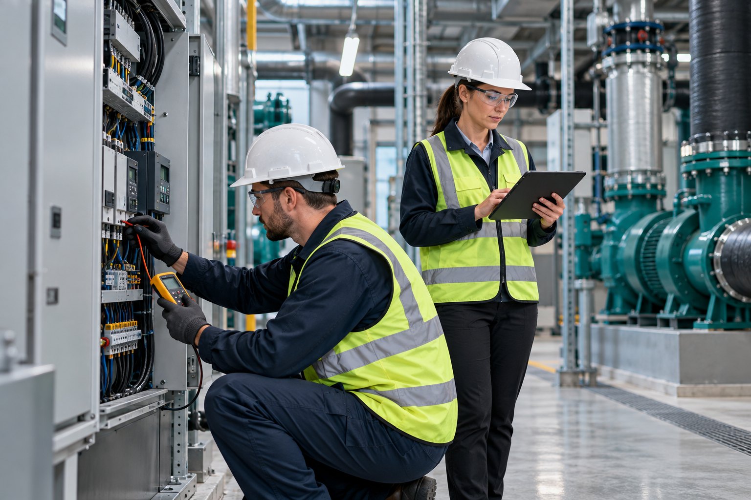 Maintenance engineer checking controls with a project coordinator - concept illustration
