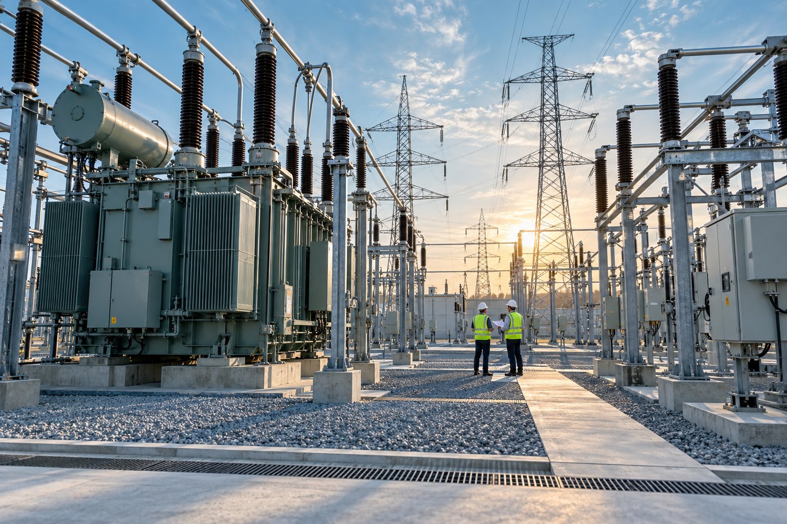 Power transmission substation, transformers and distribution infrastructure - concept illustration