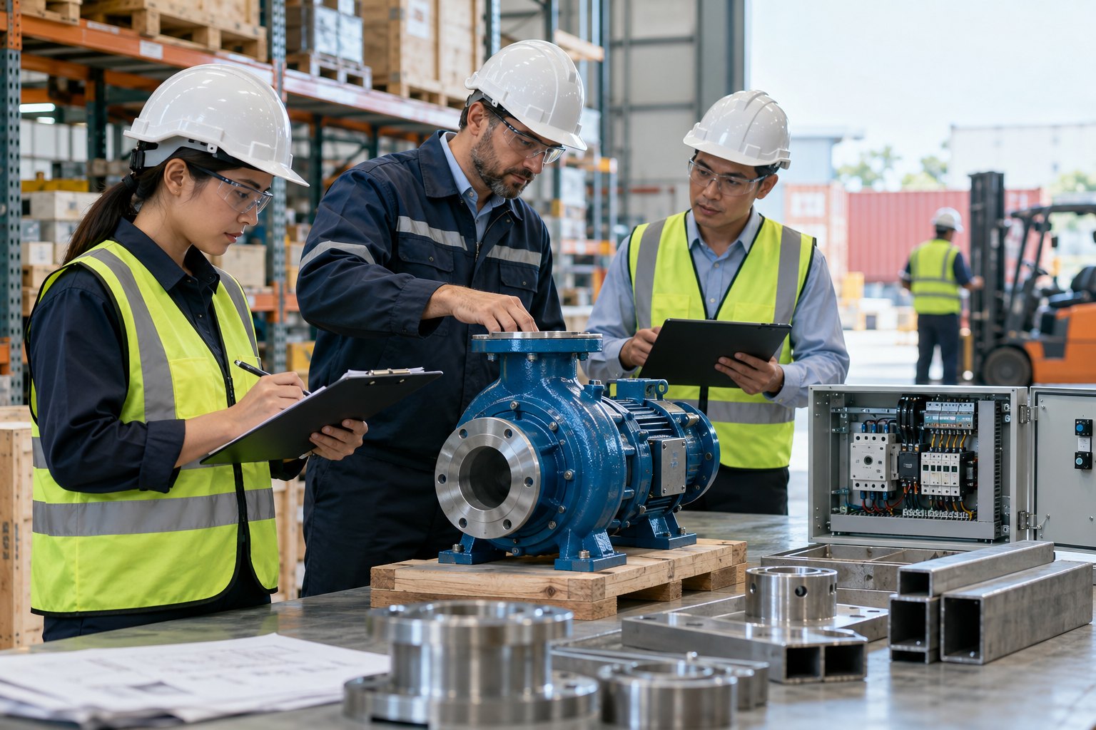 Procurement and quality inspection of industrial pumps and electrical equipment - concept illustration